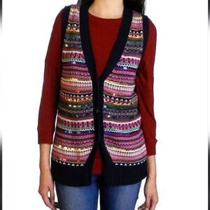 Tommy Hilfiger Women's Button Down Sequin Fair Isle Knit Sweater Vest XL